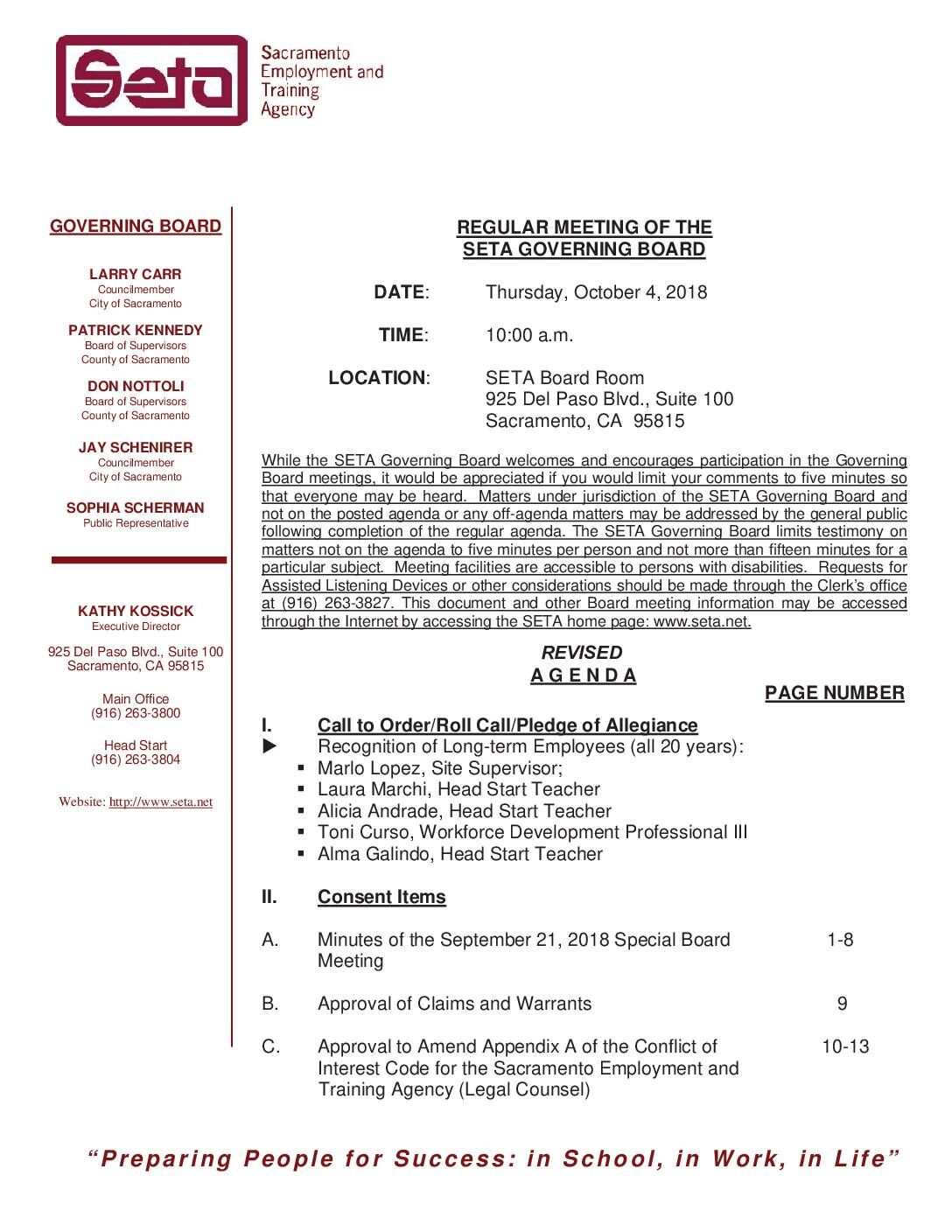 Revised Agenda/Regular SETA Governing Board 10/4/18