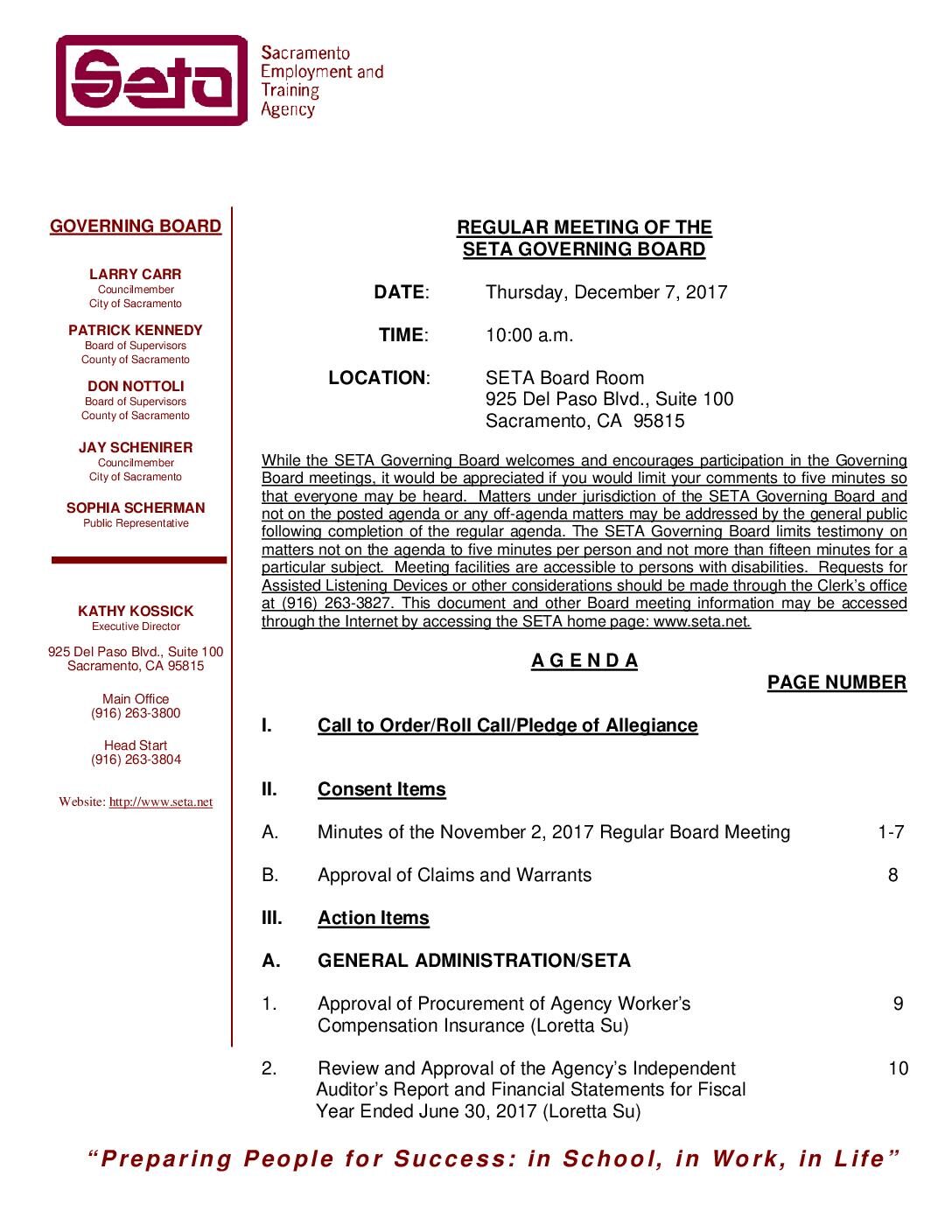 Regular SETA Governing Board 12/7/17