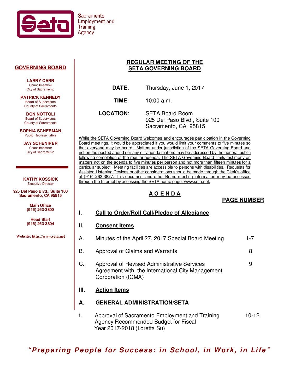 Regular SETA Governing Board 6/1/17