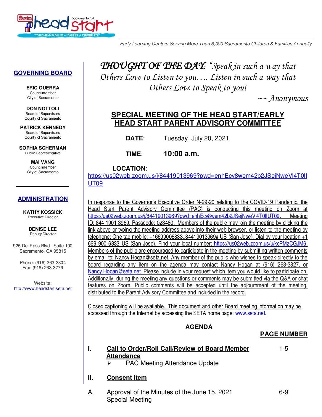 Head Start/Early Head Start Parent Advisory Committee 7/20/2021