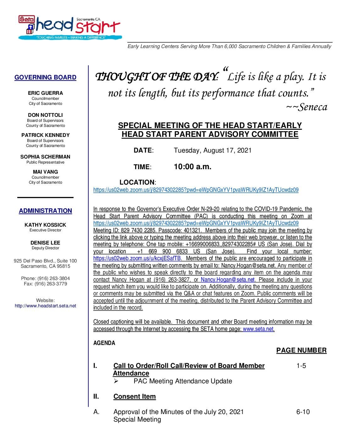 Head Start/Early Head Start Parent Advisory Committee 8/17/2021