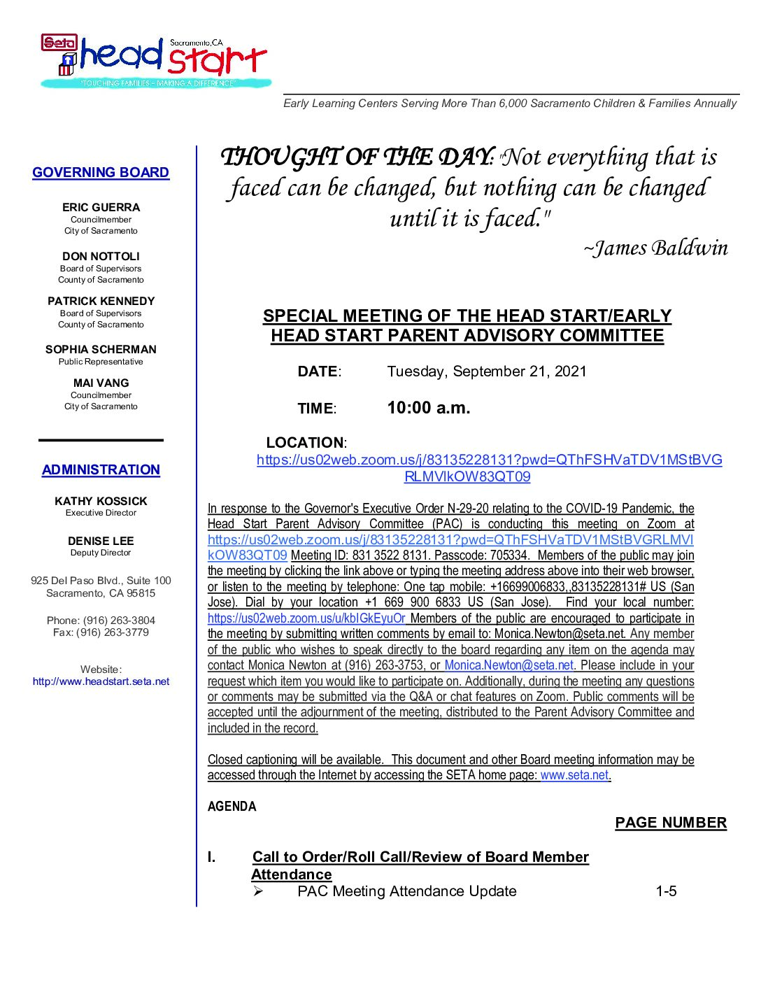 Head Start/Early Head Start Parent Advisory Committee 9/21/2021