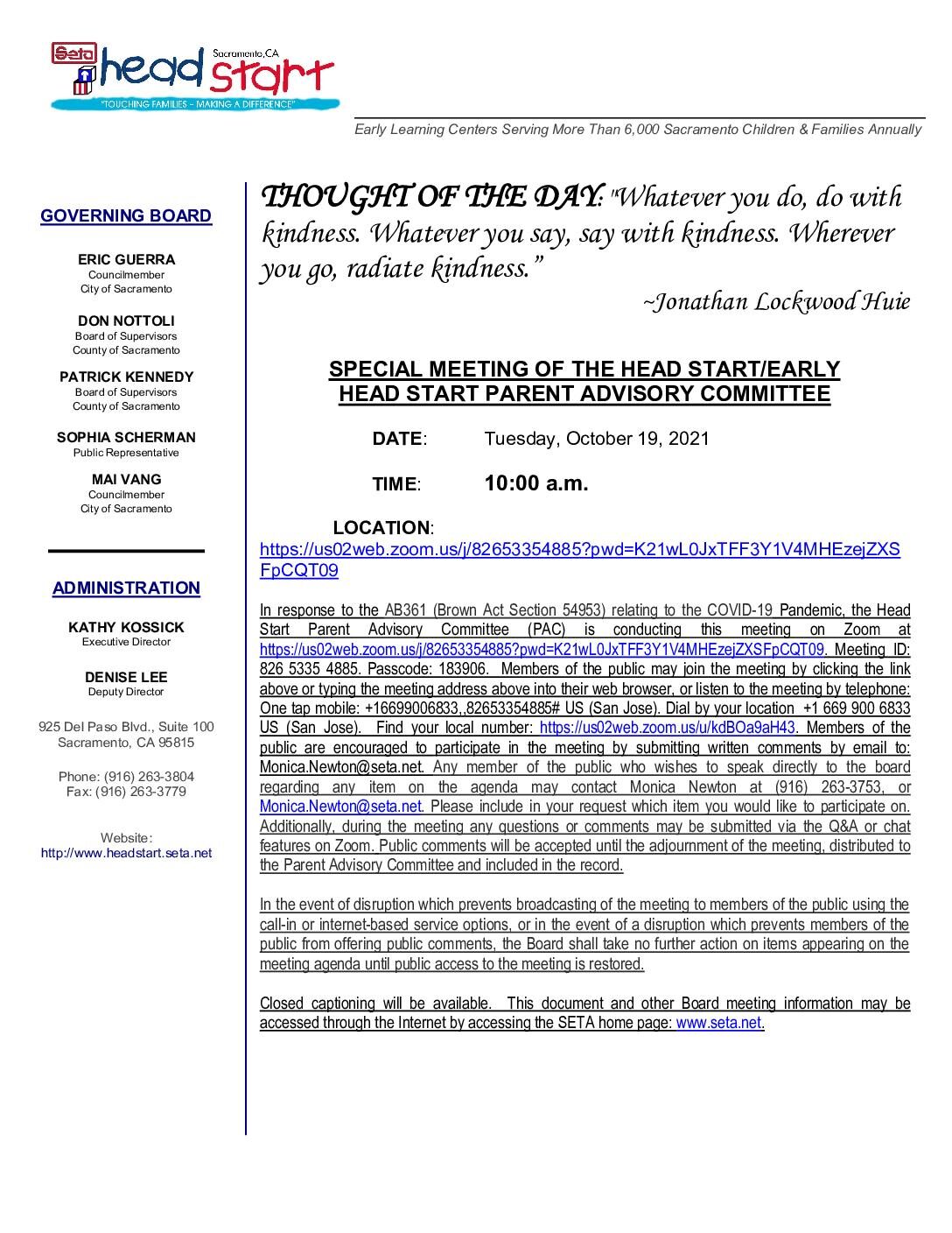 Head Start/Early Head Start Parent Advisory Committee 10/19/2021