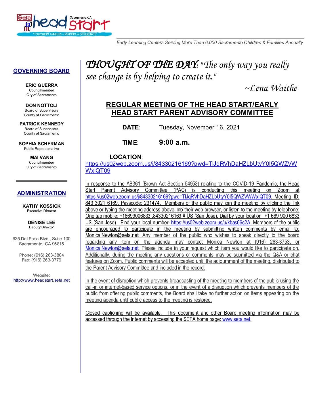 Head Start/Early Head Start Parent Advisory Committee 11/16/2021