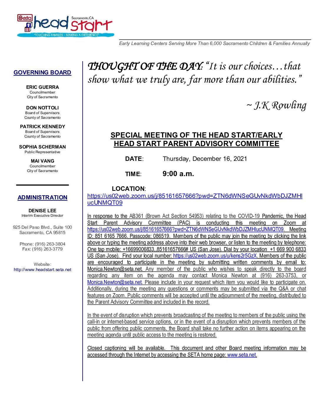 Head Start/Early Head Start Parent Advisory Committee 12/16/2021