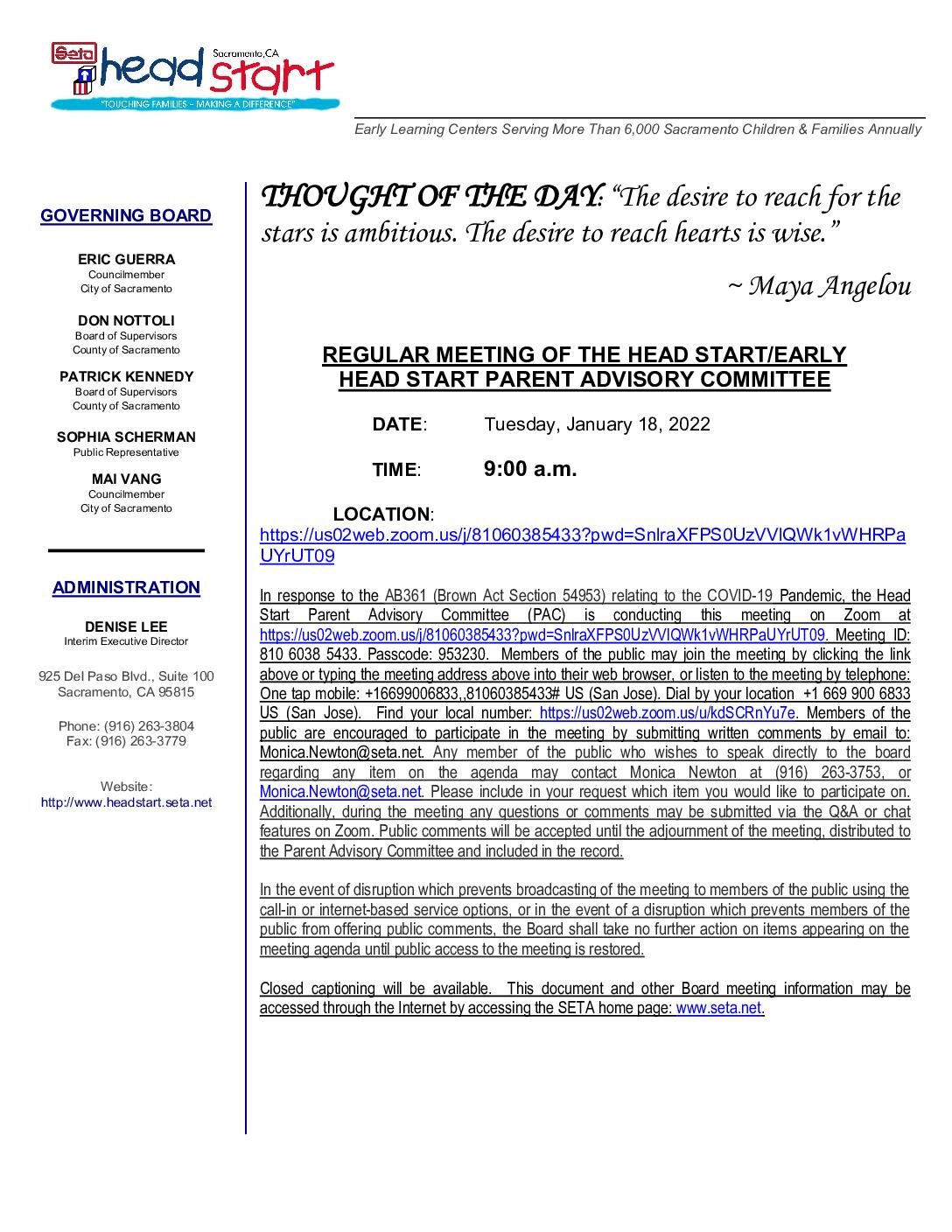 Head Start/Early Head Start Parent Advisory Committee 01/18/2022