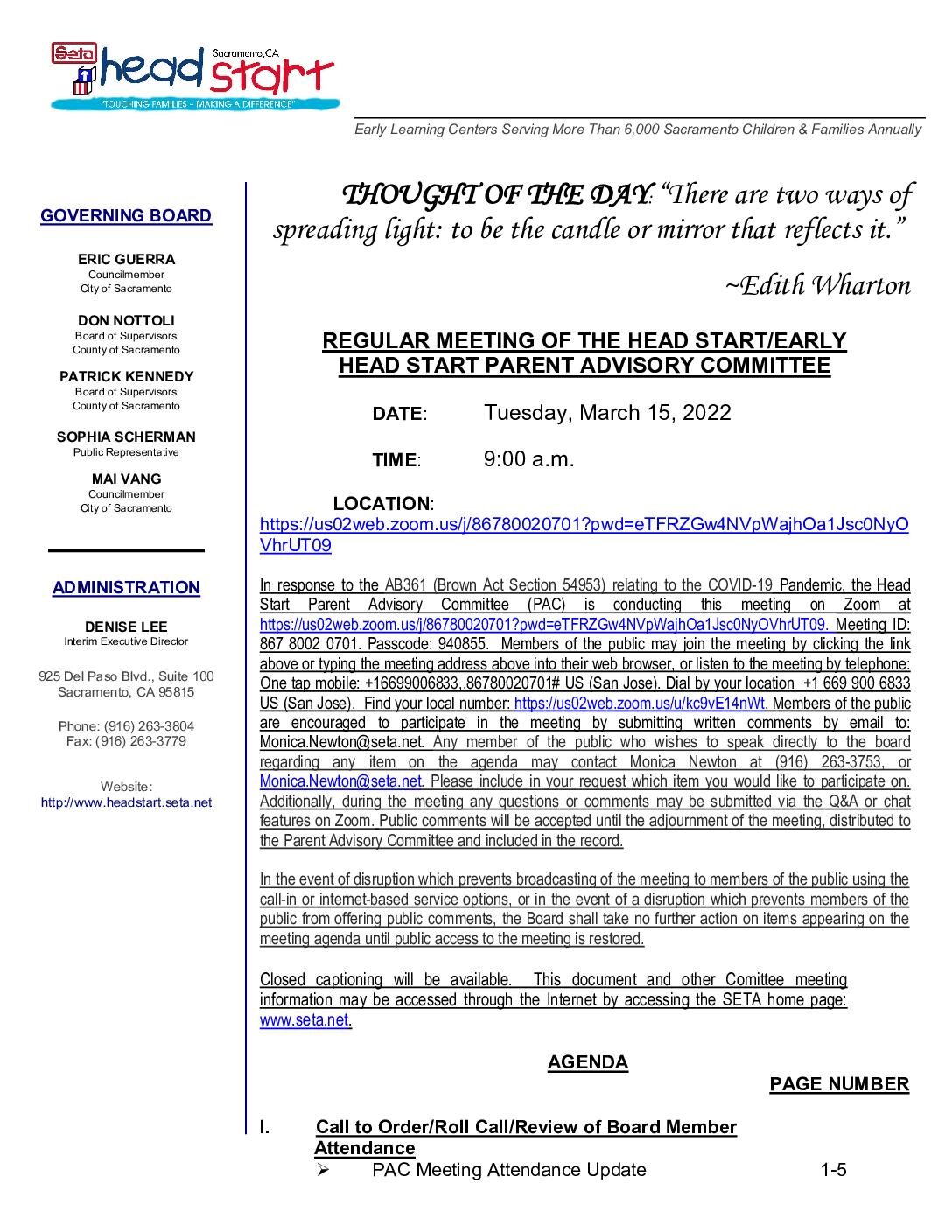 Head Start/Early Head Start Parent Advisory Committee 03/15/2022