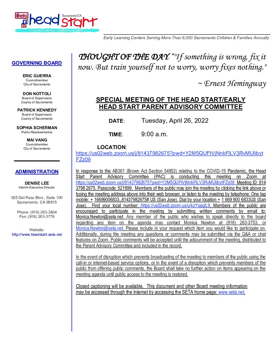 Special Meeting of the Head Start/Early Head Start Parent Advisory Committee 04/26/2022