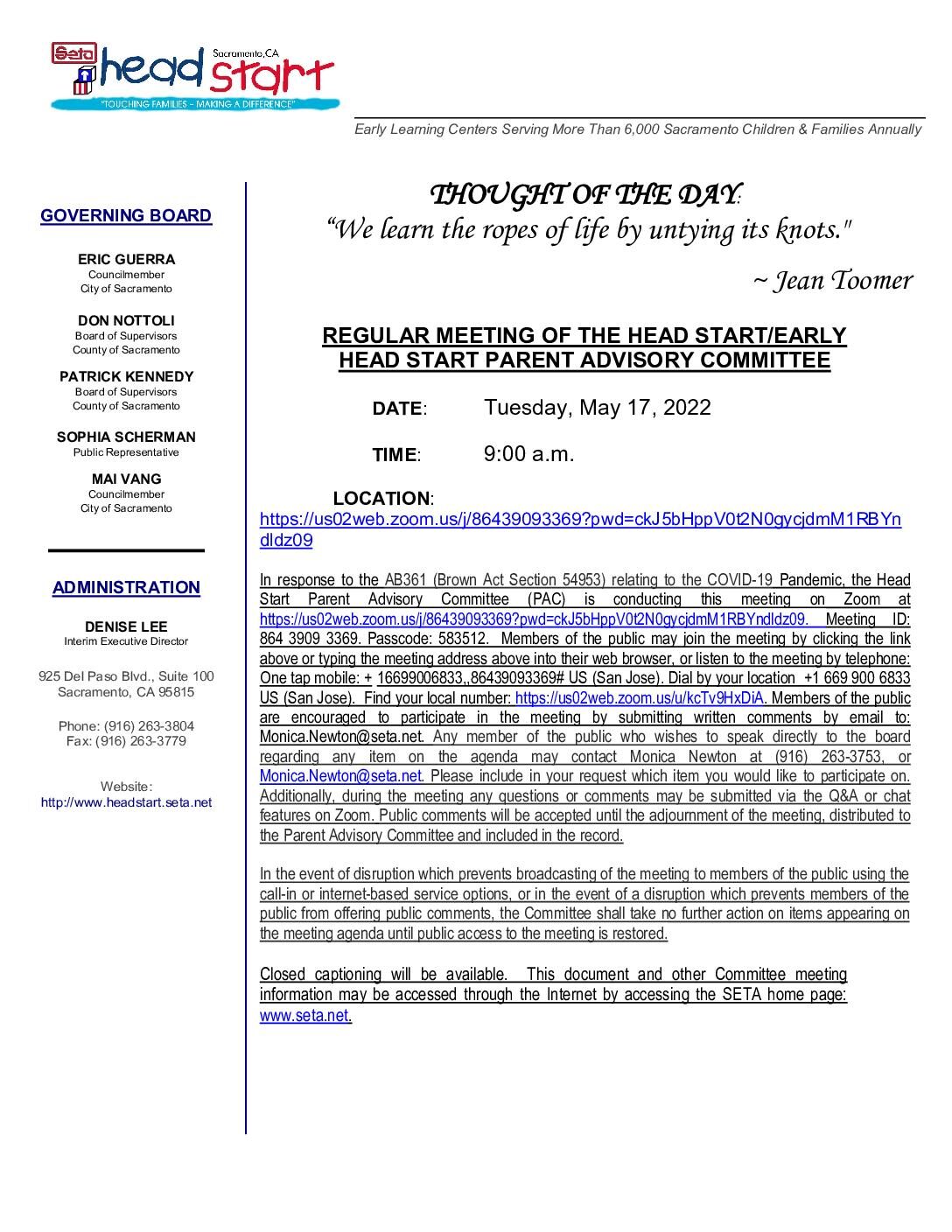 Head Start/Early Head Start Parent Advisory Committee 05/17/2022