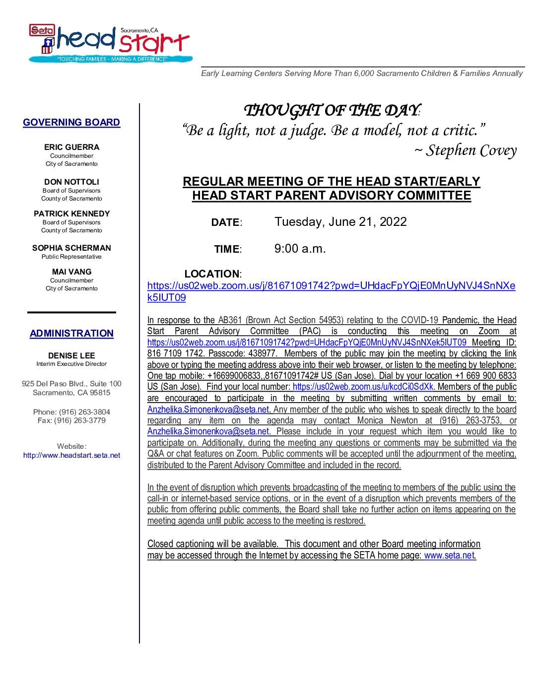 Head Start/Early Head Start Parent Advisory Committee 06/21/2022