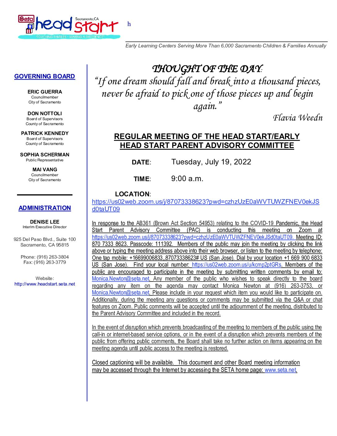 Head Start/Early Head Start Parent Advisory Committee 07/19/2022