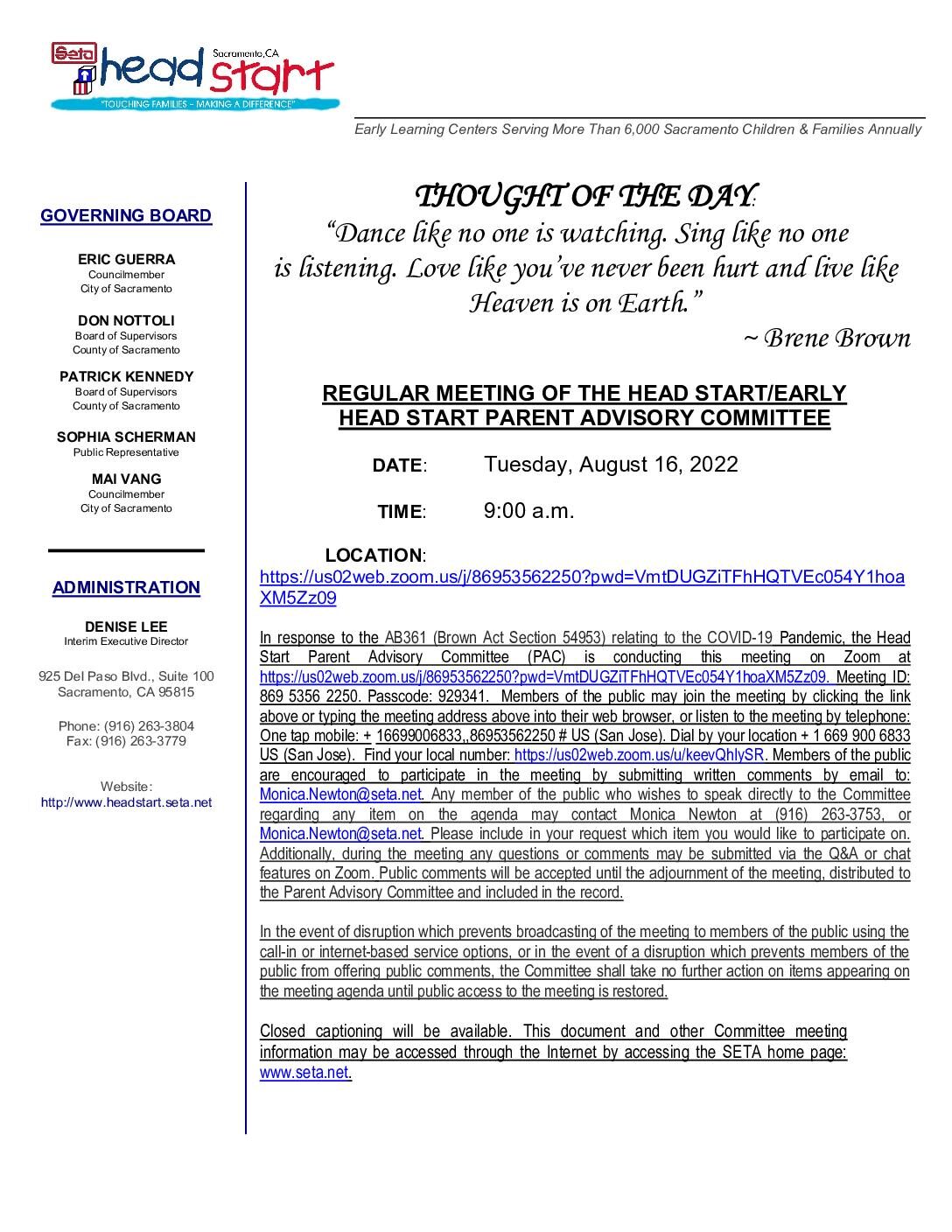 Head Start/Early Head Start Parent Advisory Committee 08/16/2022