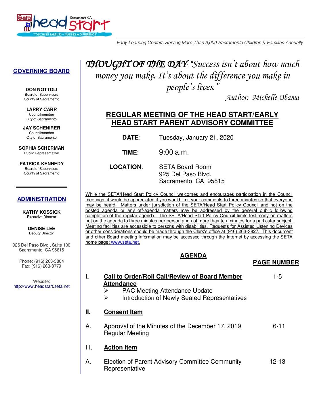 Head Start/Early Head Start Parent Advisory Committee 1/21/20