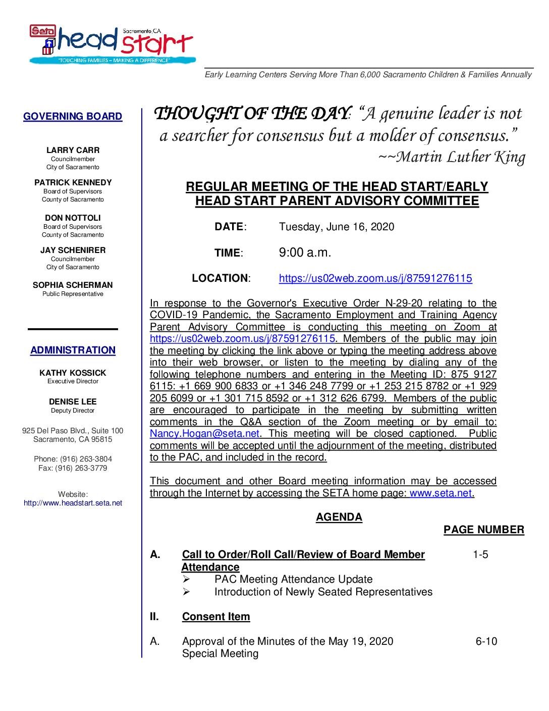 Head Start/Early Head Start Parent Advisory Committee 6/16/2020