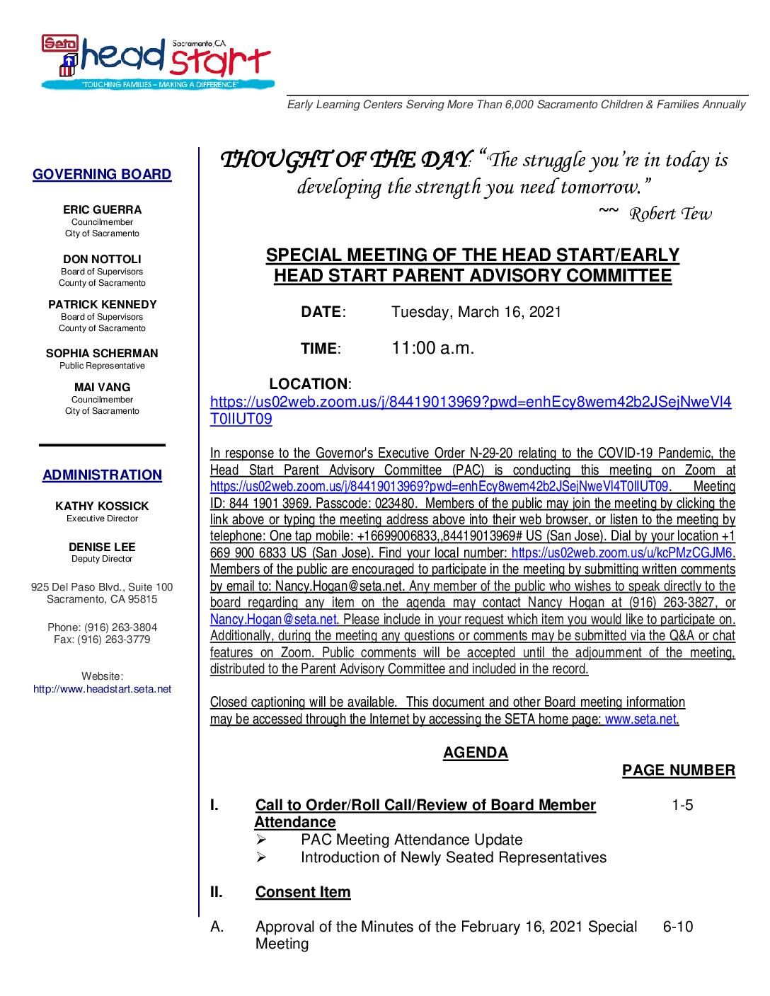Head Start/Early Head Start Parent Advisory Committee 3/16/2021