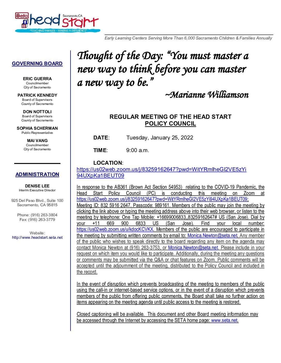 Head Start/Early Head Start Policy Council 01/25/2022