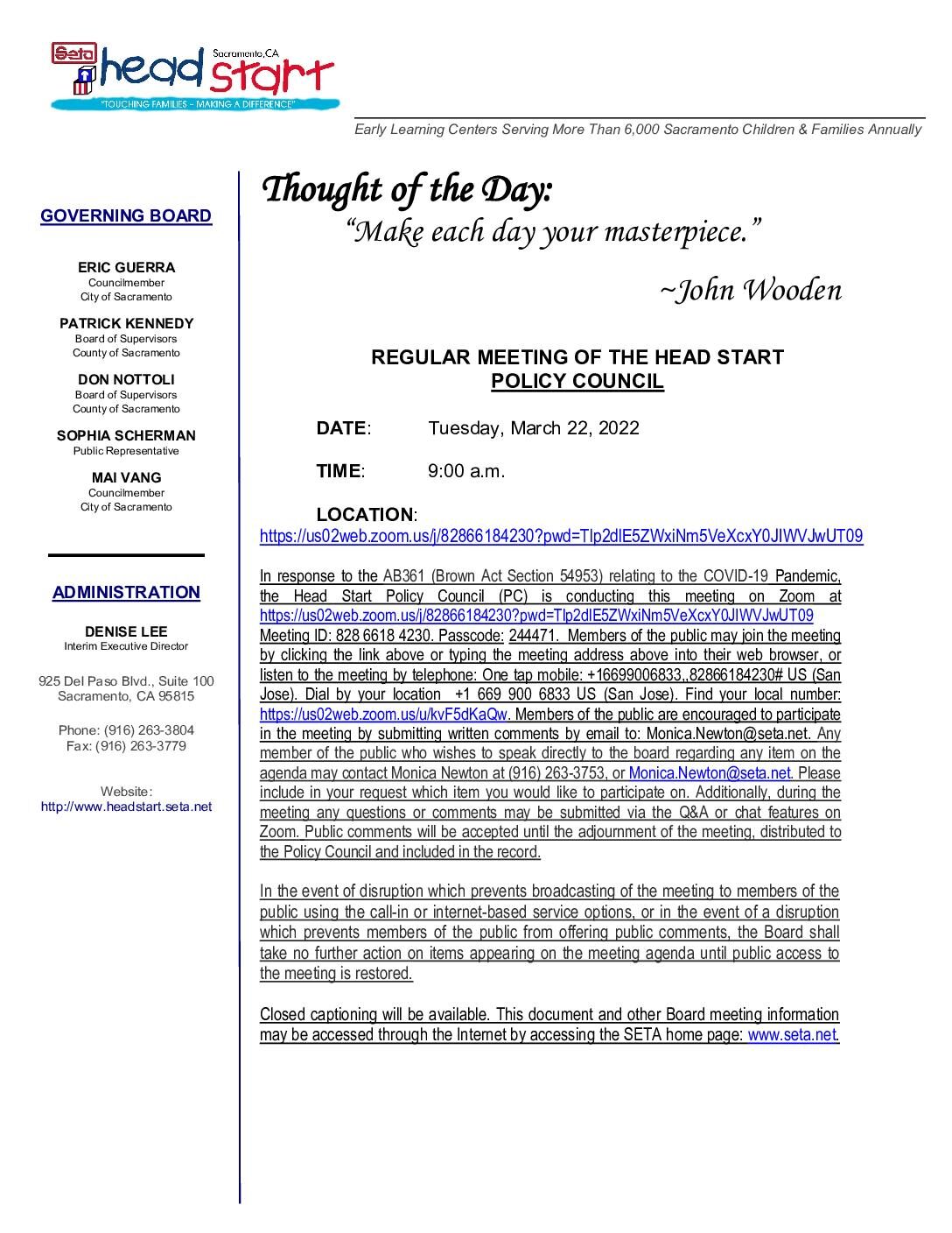 Head Start/Early Head Start Policy Council 03/22/2022
