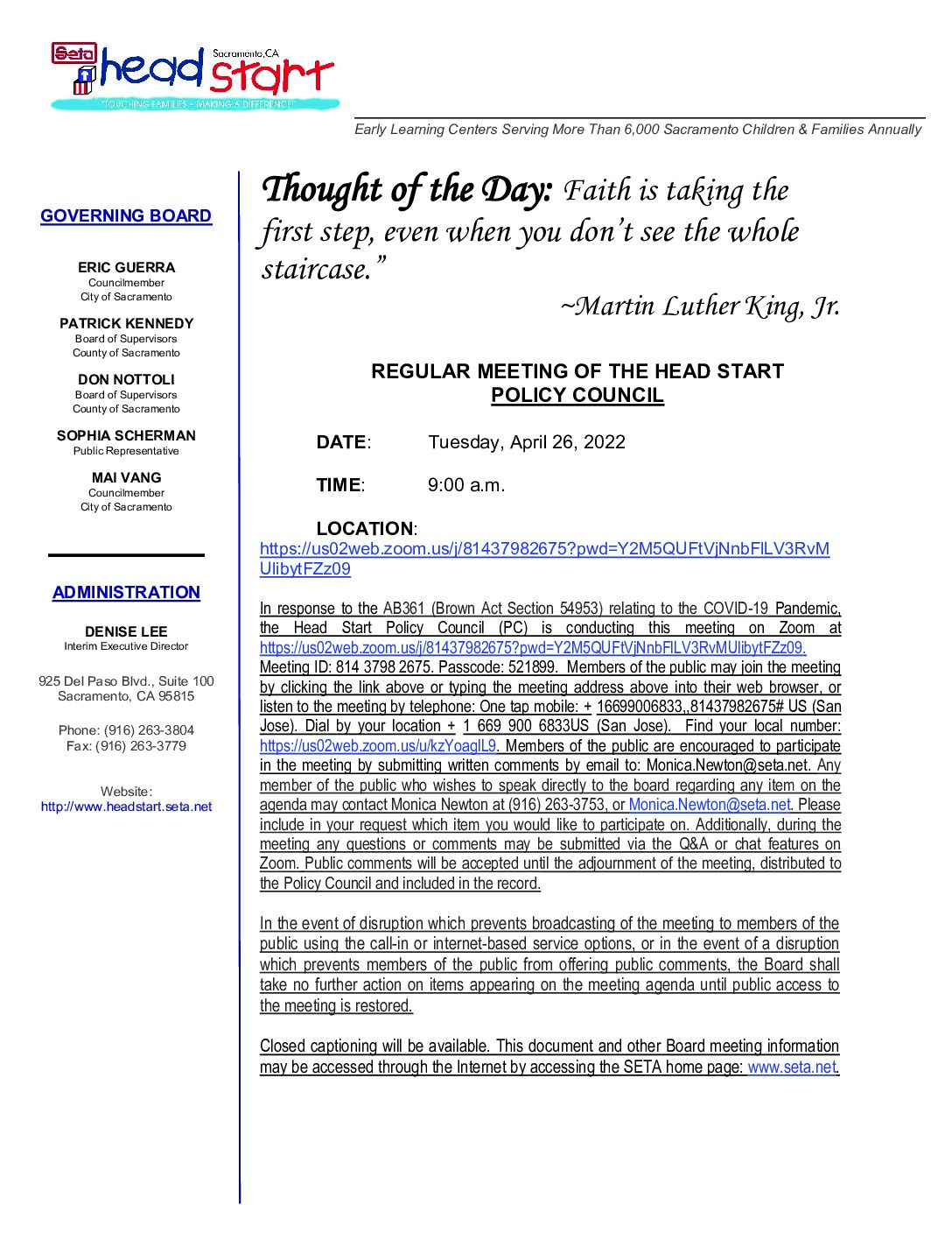 Head Start/Early Head Start Policy Council 04/26/2022