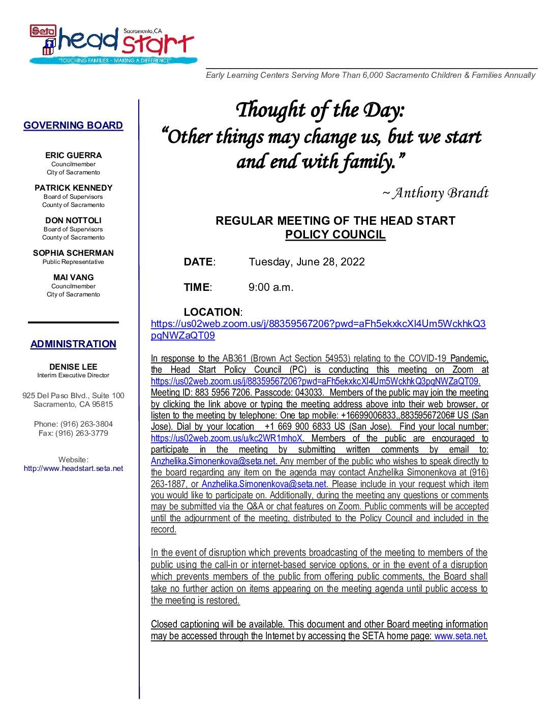 Head Start/Early Head Start Policy Council 06/28/2022