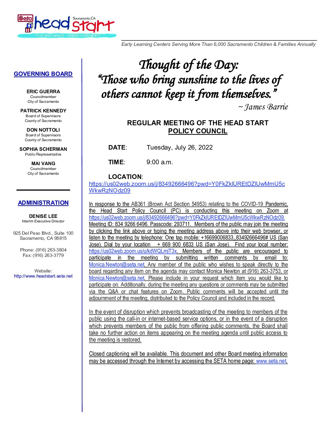 Head Start/Early Head Start Policy Council 07/26/2022