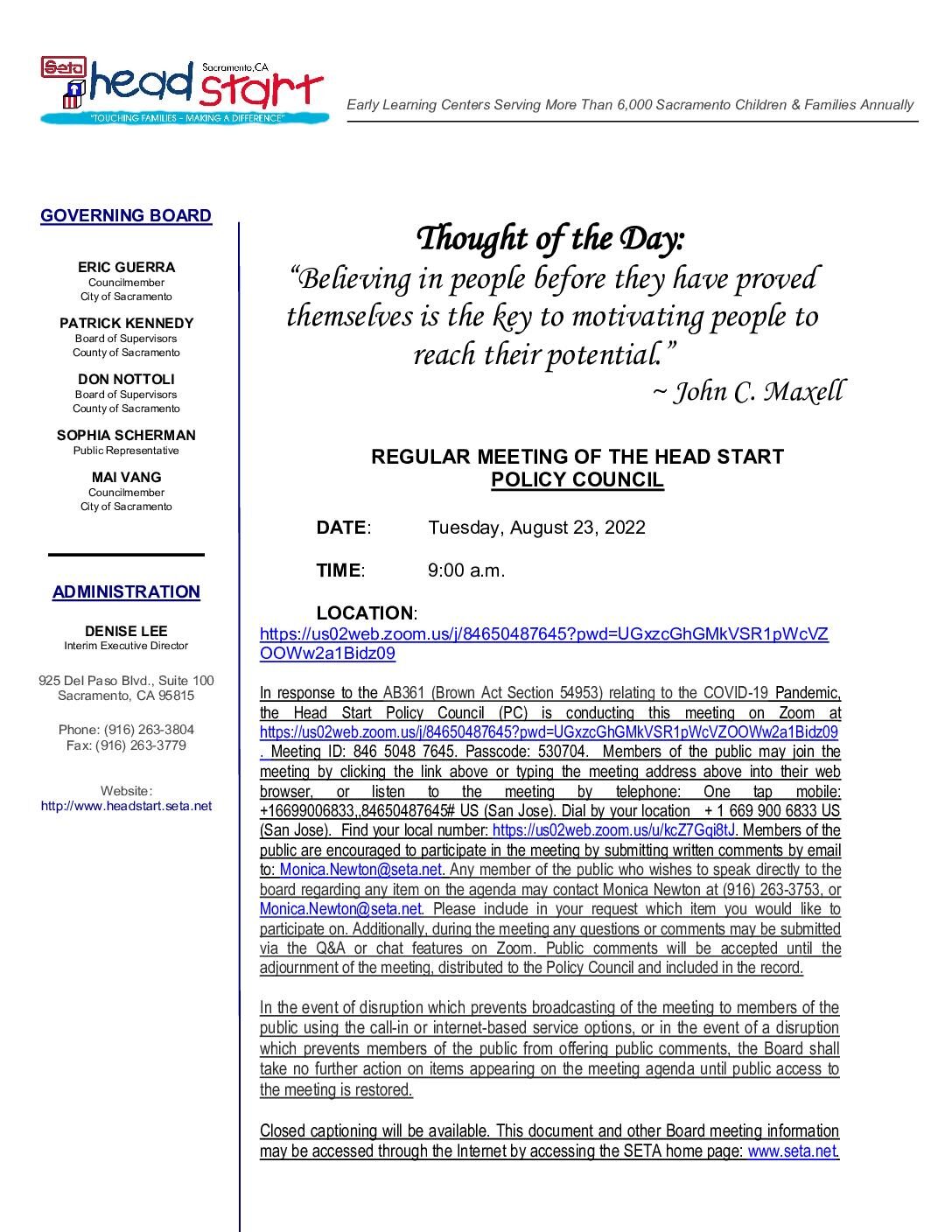 Head Start/Early Head Start Policy Council 08/23/2022