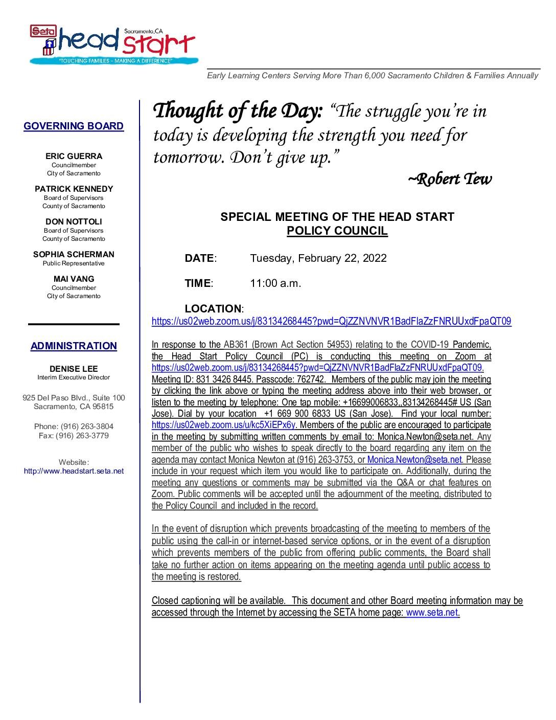 Special Meeting of the Head Start/Early Head Start Policy Council 02/22/2022