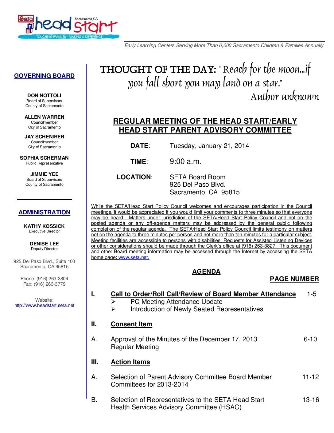 Head Start/Early Head Start Parent Advisory Committee 1/21/14