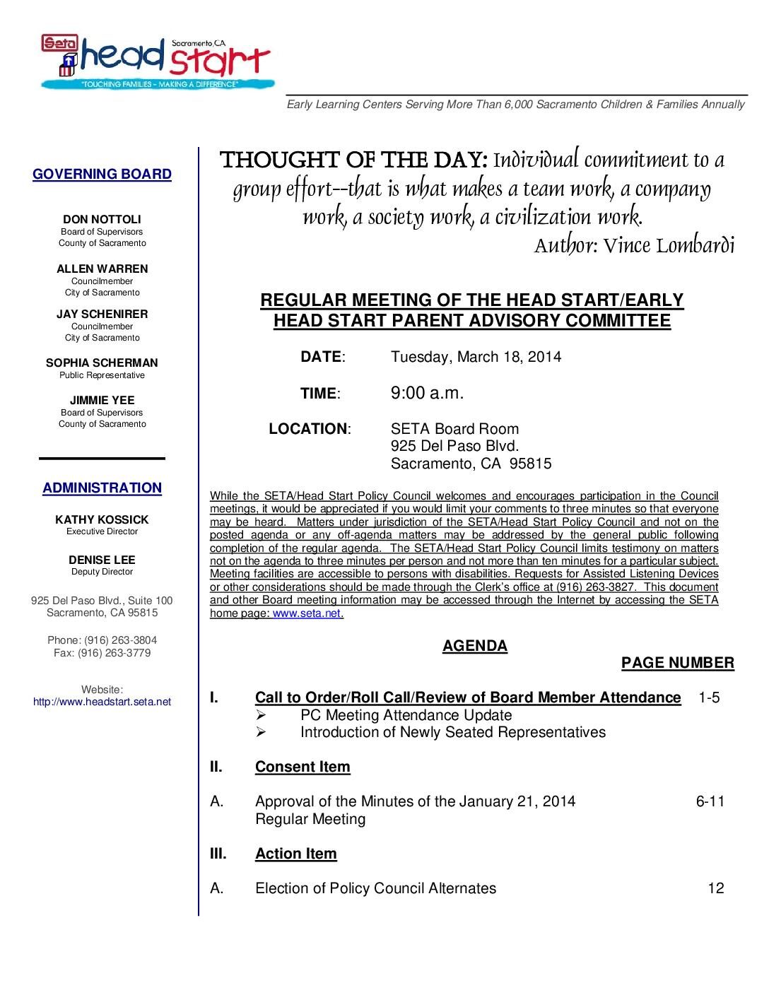 Head Start/Early Head Start Parent Advisory Committee 3/18/14