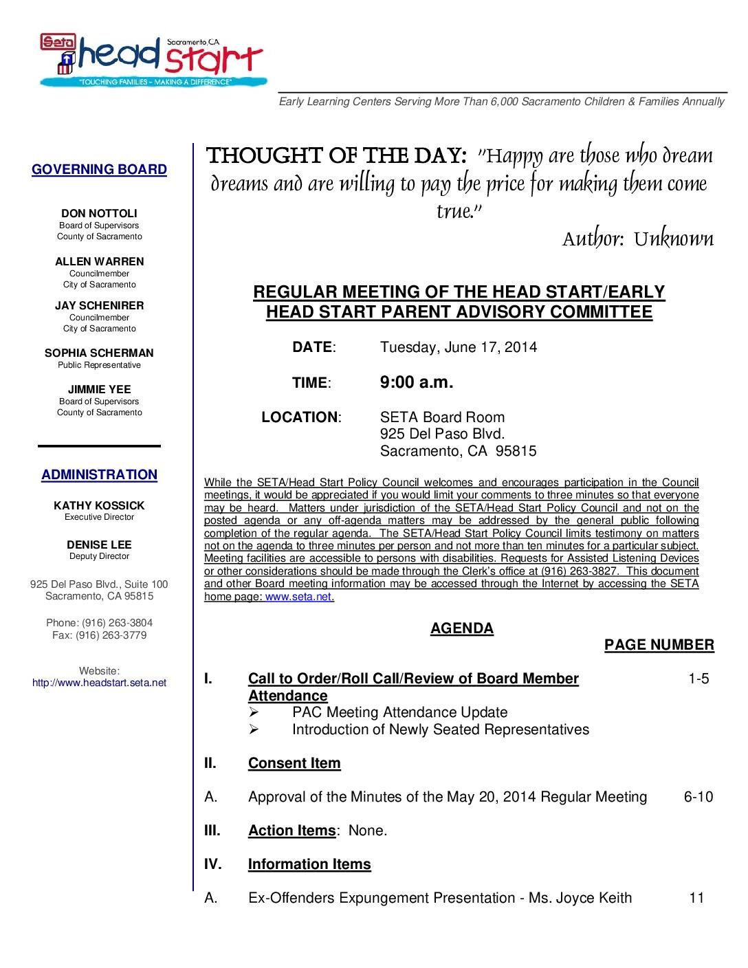 Head Start/Early Head Start Parent Advisory Committee 6/17/14