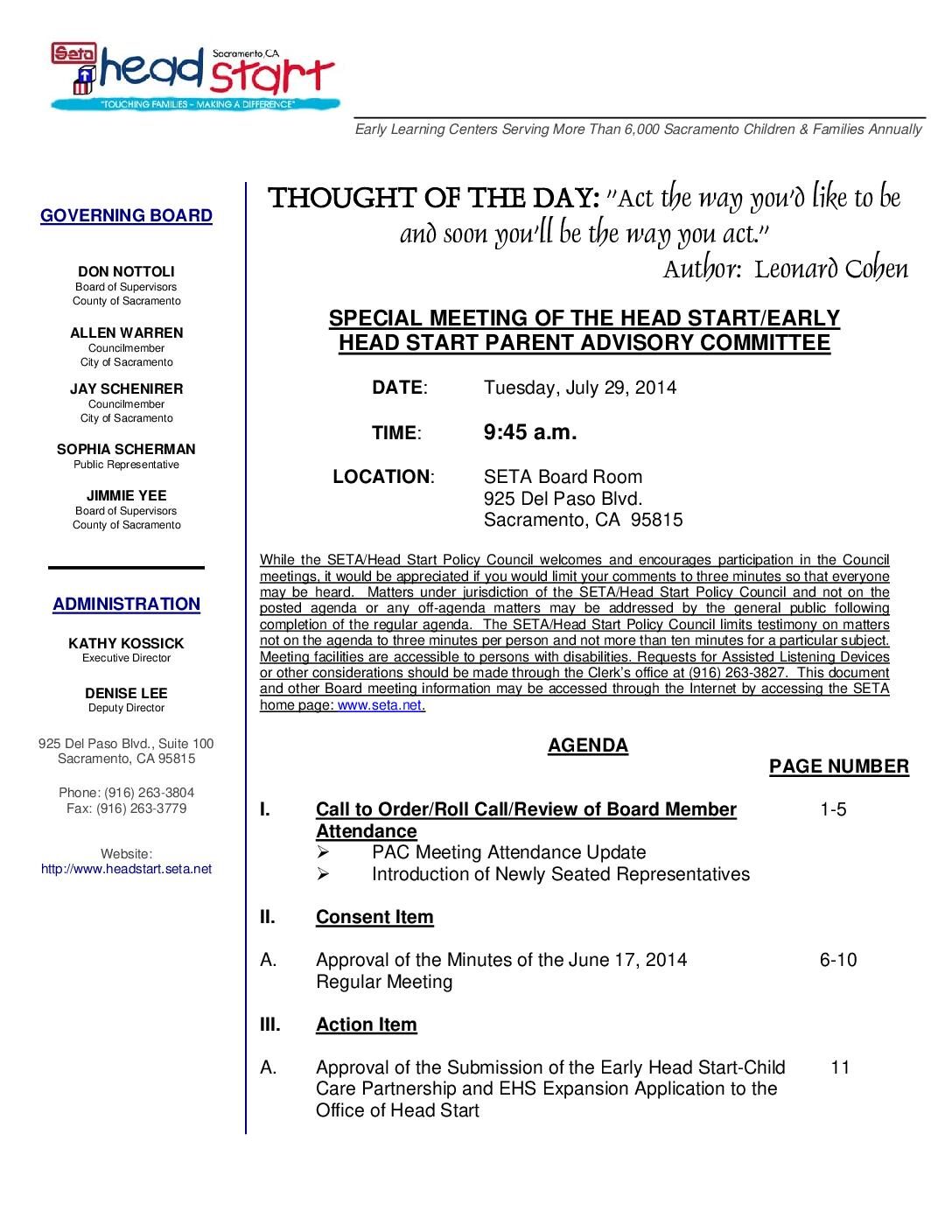 Head Start/Early Head Start Parent Advisory Committee 7/29/14