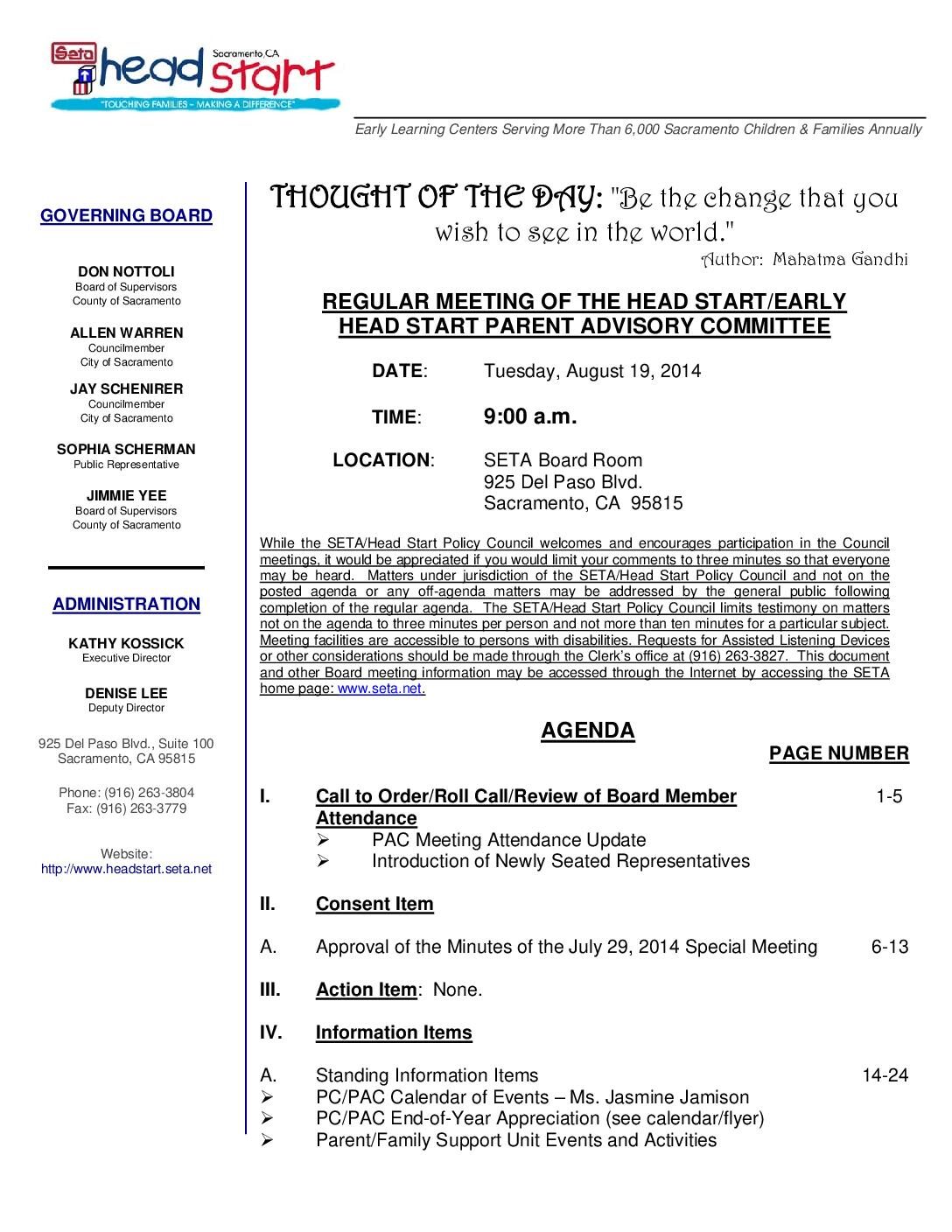 Head Start/Early Head Start Parent Advisory Committee 8/19/14