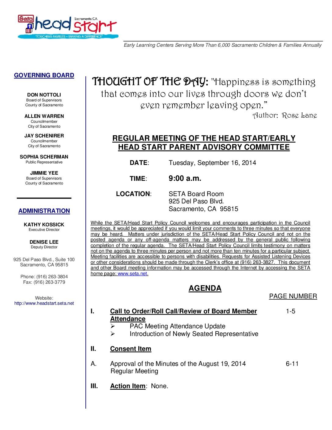 Head Start/Early Head Start Parent Advisory Committee 9/16/14