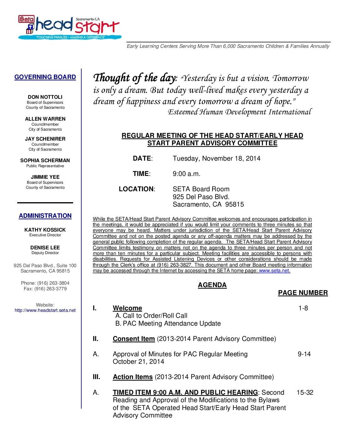 Head Start/Early Head Start Parent Advisory Committee 11/18/14