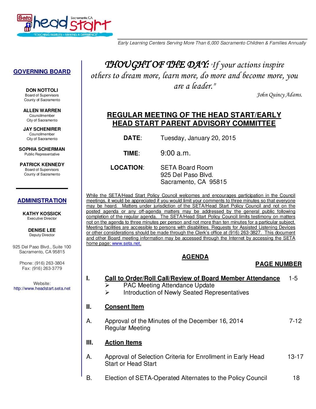 Head Start/Early Head Start Parent Advisory Committee 1/20/15