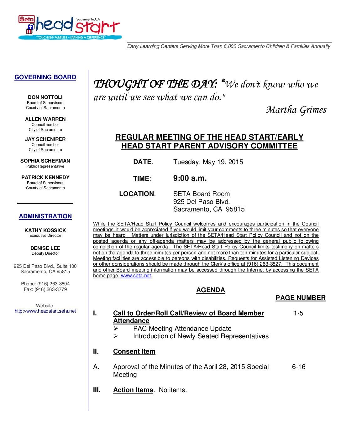Head Start/Early Head Start Parent Advisory Committee 5/19/15