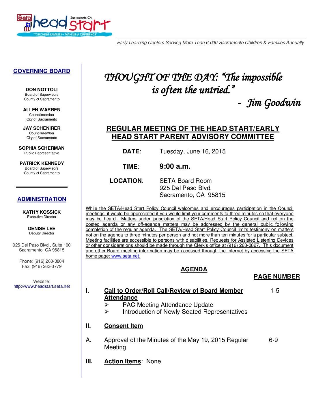 Head Start/Early Head Start Parent Advisory Committee 6/16/15