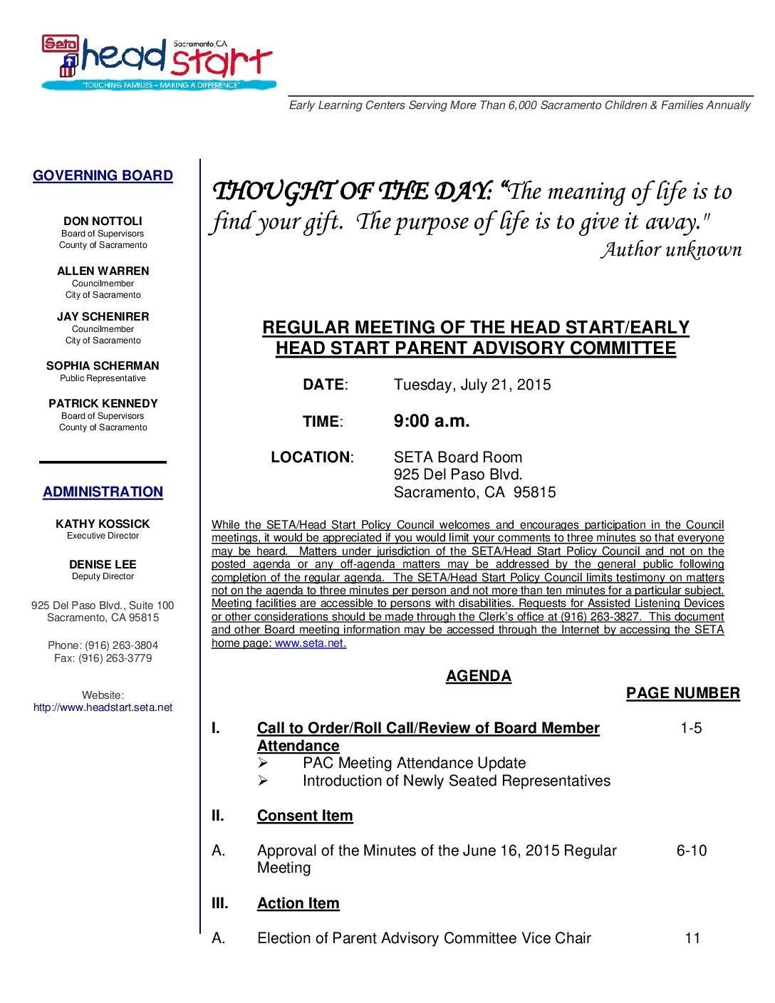 Head Start/Early Head Start Parent Advisory Committee 7/21/15