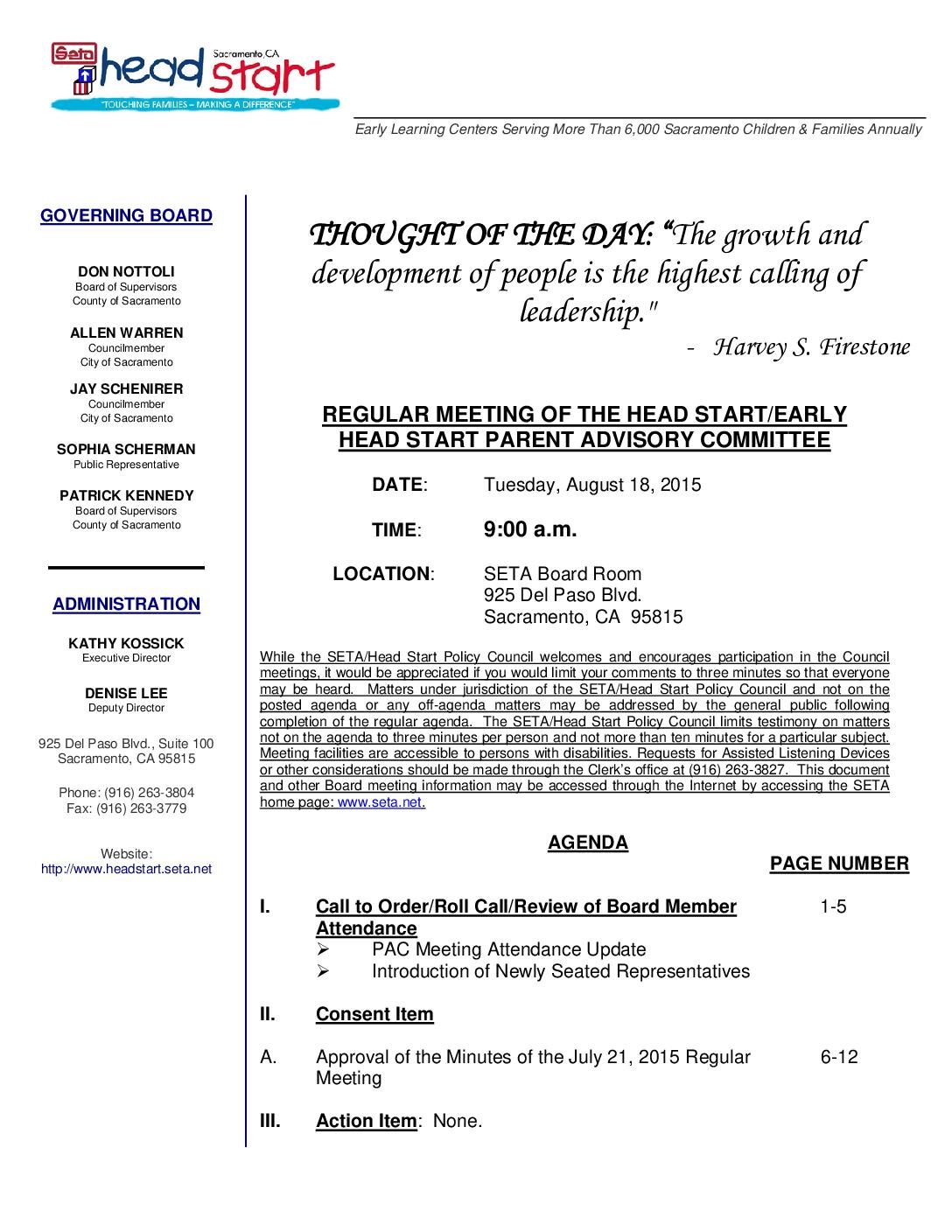 Head Start/Early Head Start Parent Advisory Committee 8/18/15
