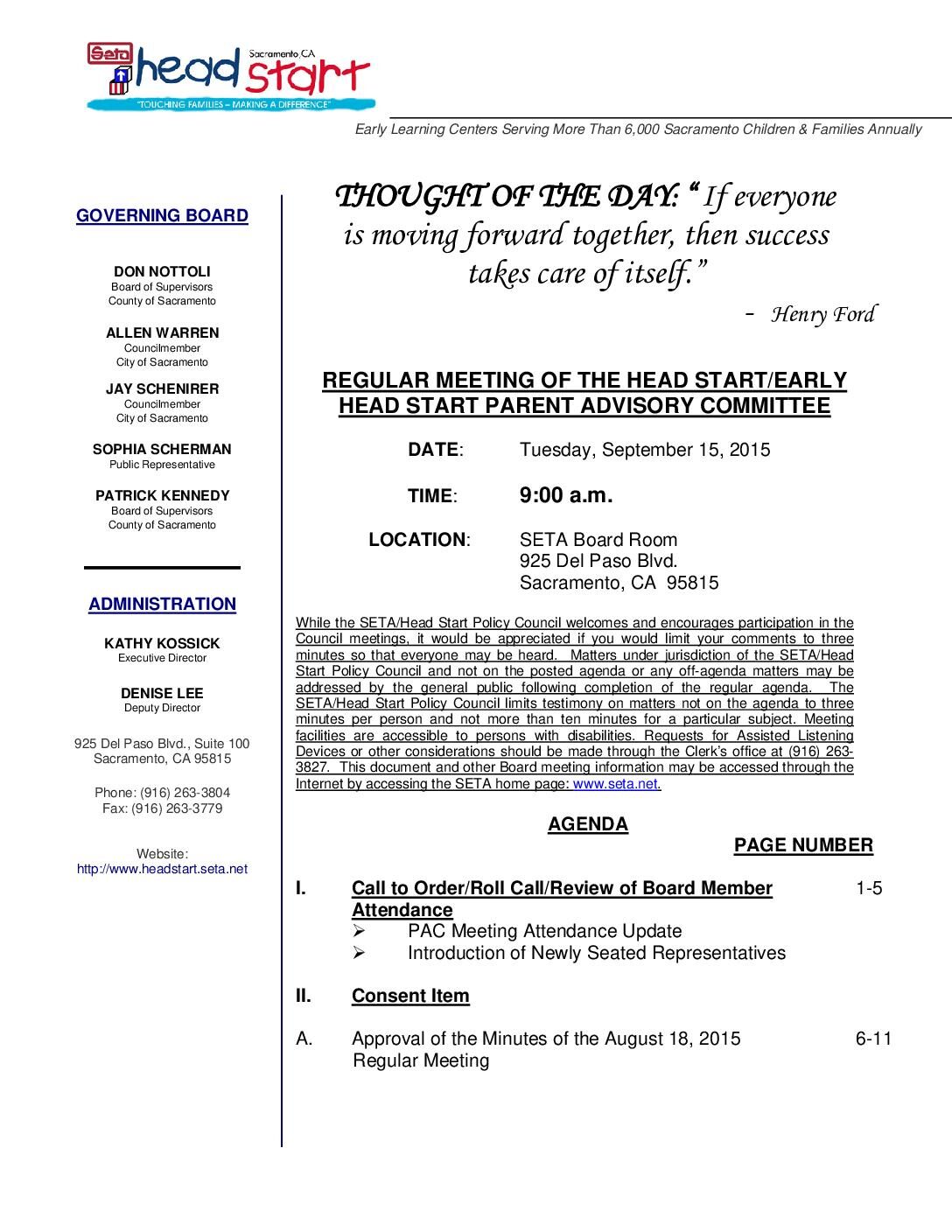 Head Start/Early Head Start Parent Advisory Committee 9/15/15