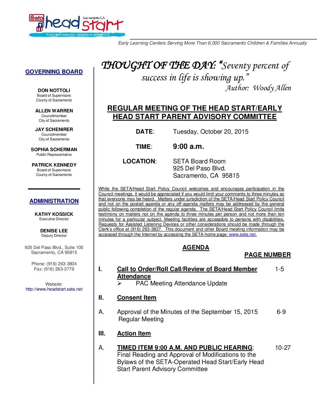 Head Start/Early Head Start Parent Advisory Committee 10/20/15