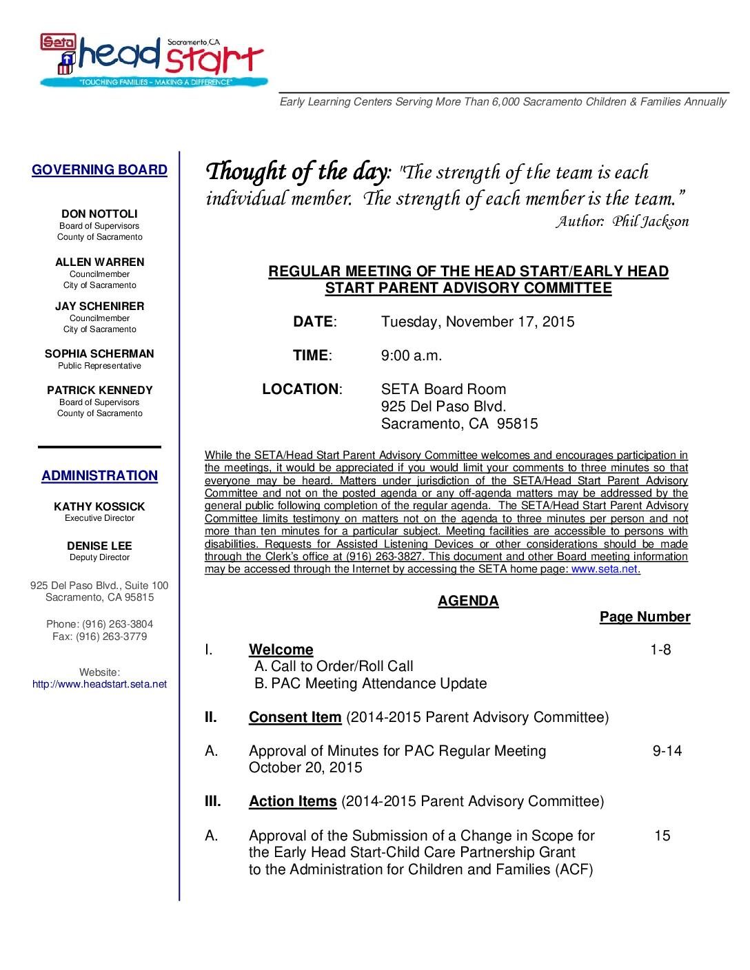 Head Start/Early Head Start Parent Advisory Committee 11/17/15