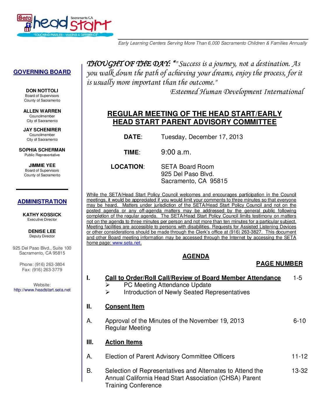 Head Start/Early Head Start Parent Advisory Committee 12/17/13