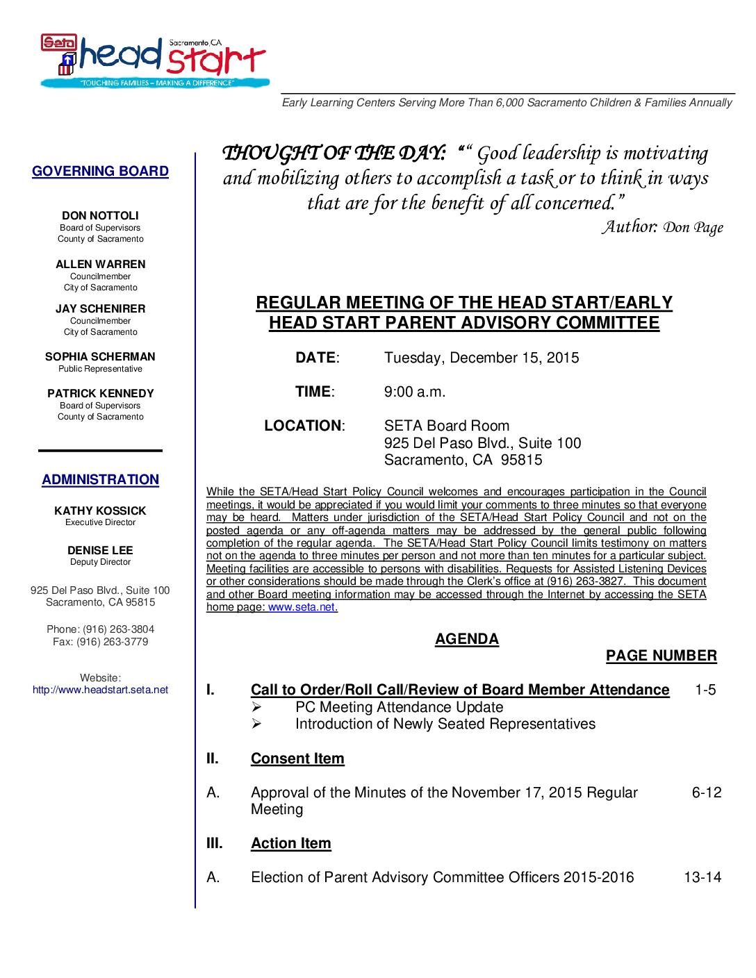 Head Start/Early Head Start Parent Advisory Committee 12/15/15