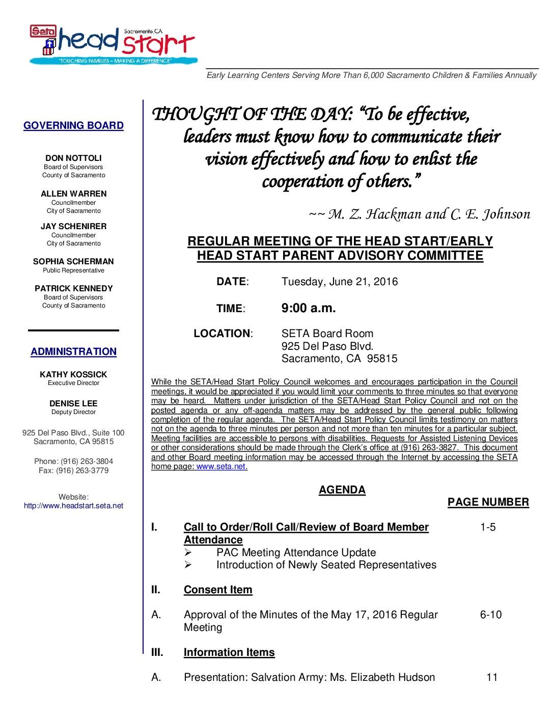 Head Start/Early Head Start Parent Advisory Committee 6/21/16