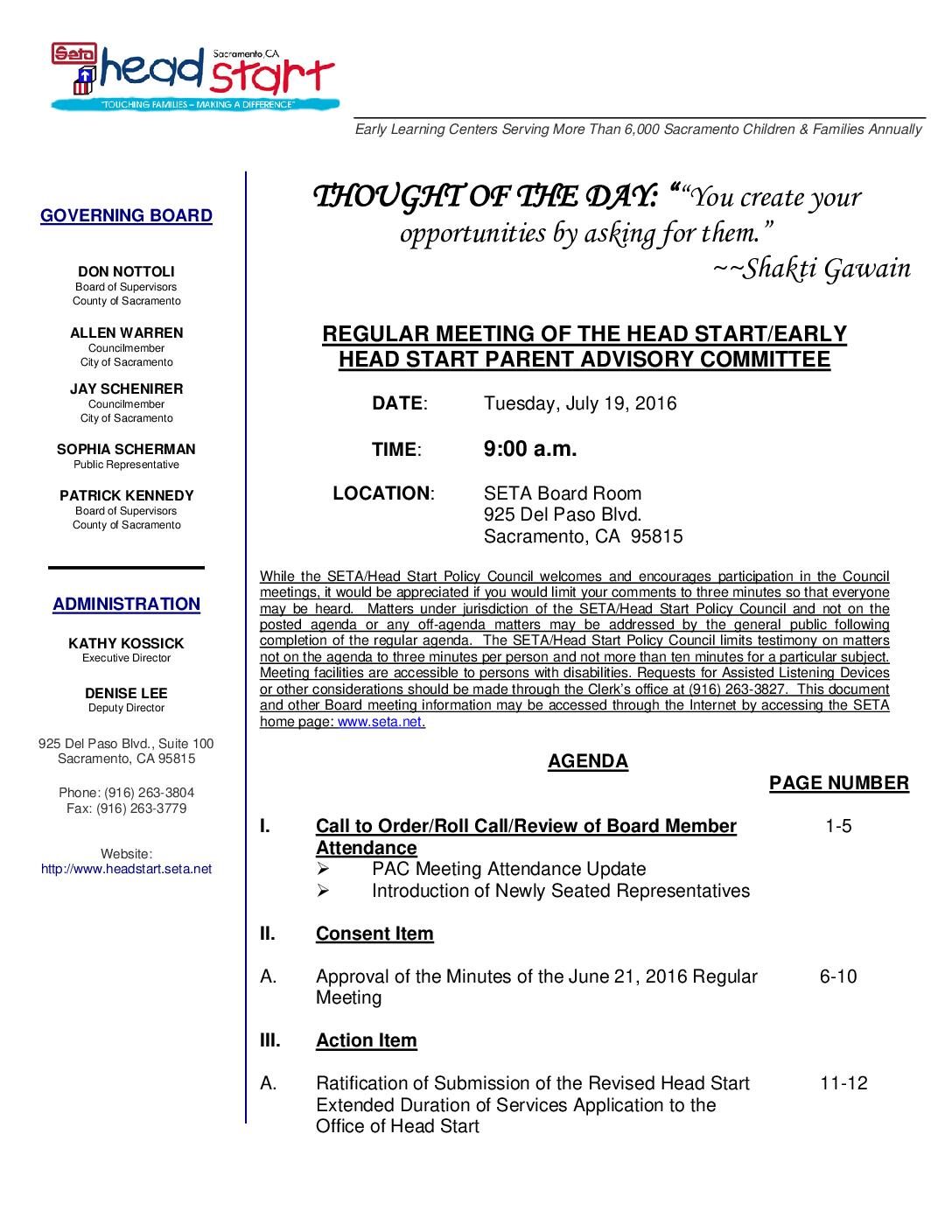 Head Start/Early Head Start Parent Advisory Committee 7/19/16