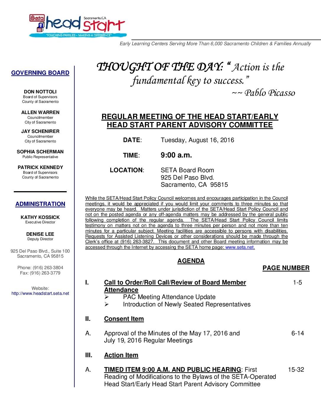 Head Start/Early Head Start Parent Advisory Committee 8/16/16