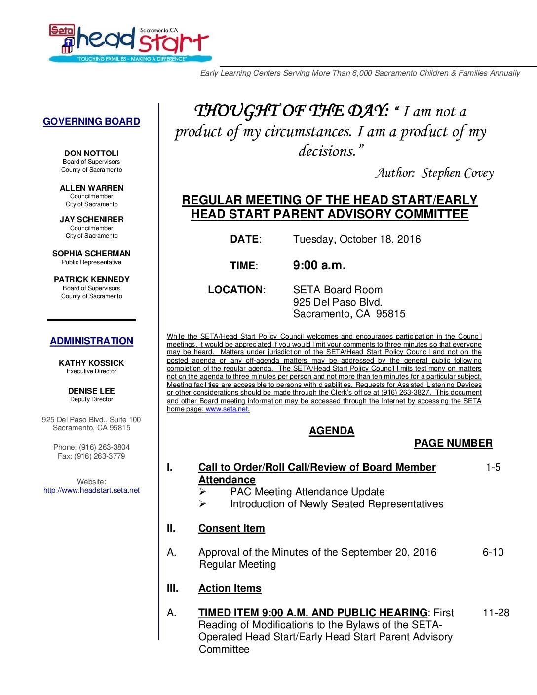 Head Start/Early Head Start Parent Advisory Committee 10/18/16