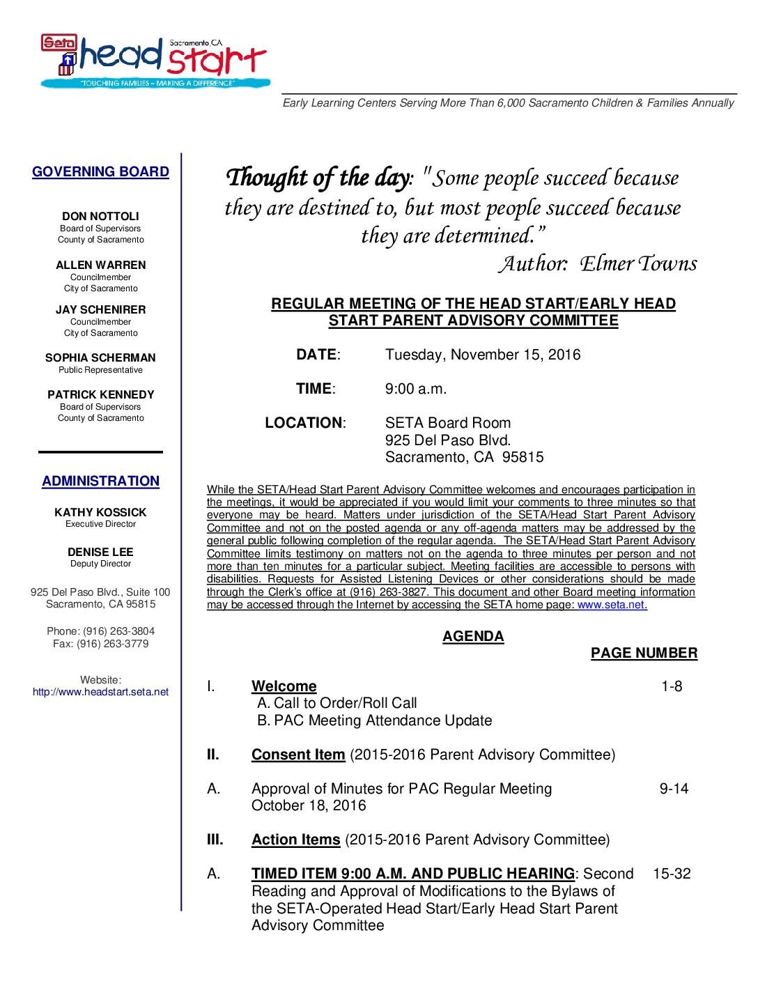 Head Start/Early Head Start Parent Advisory Committee 11/15/16