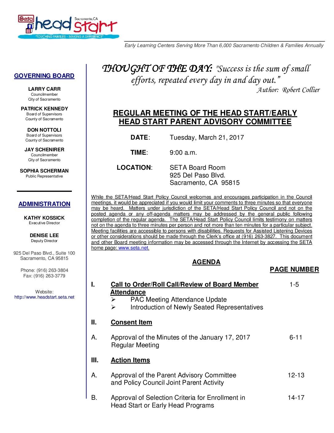 Head Start/Early Head Start Parent Advisory Committee 3/21/17