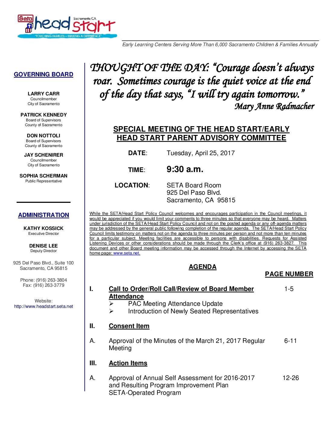 Special Head Start/Early Head Start Parent Advisory Committee 4/25/17